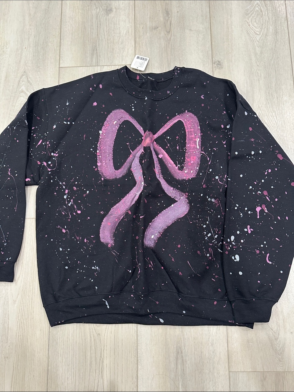 Hand Painted Pink Bow Sweatshirt Black Oversized Crewneck